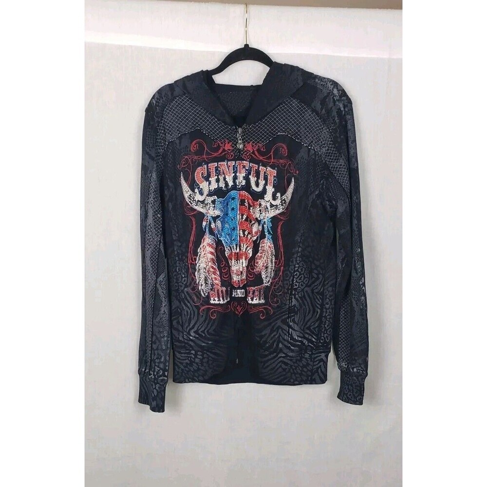 Affliction Hoodie L Black Beaded Animal‎ Skull Sinful Zip Leopard Snake Print